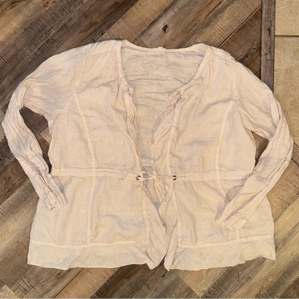 Eileen Fisher 100% Irish Linen Ruffled Tie Front Top Cardigan Neutral Size 2X